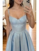 Sparkly Sky Blue Short Ruffled Party Dress with Straps