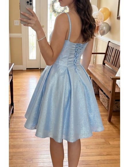 Sparkly Sky Blue Short Ruffled Party Dress with Straps