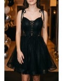 Gothic Strappy Black Tulle Short Homecoming Prom Dress