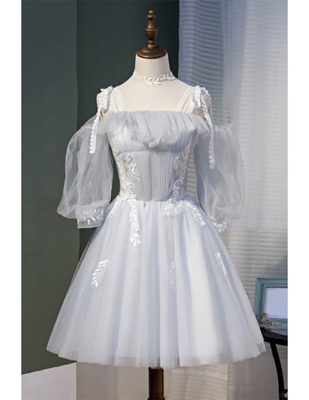 Grey Tulle Short Homecoming Dress with Appliques Sleeves