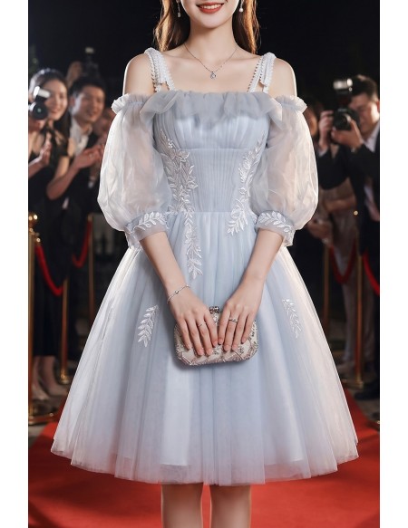 Grey Tulle Short Homecoming Dress with Appliques Sleeves