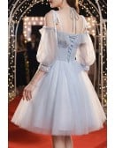 Grey Tulle Short Homecoming Dress with Appliques Sleeves