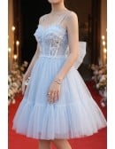 Light Blue Short Tulle Gorgeous Homecoming Dress with Straps