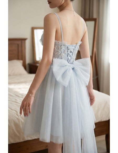 Elegant Grey Tulle Short Homecoming Dress with Big Bow In Back