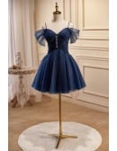 Navy Blue Short Tulle Homecoming Prom Dress with Beadings