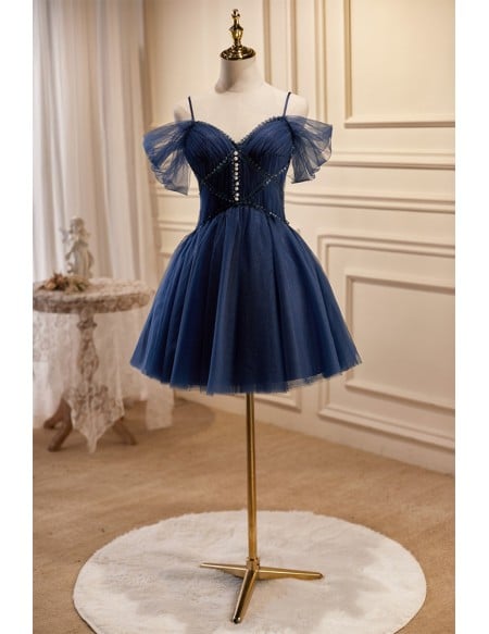 Navy Blue Short Tulle Homecoming Prom Dress with Beadings