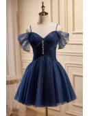 Navy Blue Short Tulle Homecoming Prom Dress with Beadings