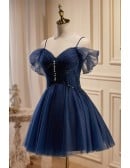 Navy Blue Short Tulle Homecoming Prom Dress with Beadings
