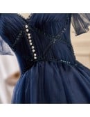 Navy Blue Short Tulle Homecoming Prom Dress with Beadings