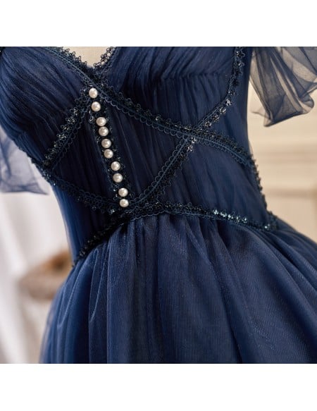Navy Blue Short Tulle Homecoming Prom Dress with Beadings