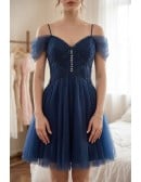 Navy Blue Short Tulle Homecoming Prom Dress with Beadings