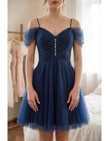 Navy Blue Short Tulle Homecoming Prom Dress with Beadings