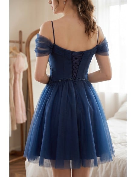 Navy Blue Short Tulle Homecoming Prom Dress with Beadings