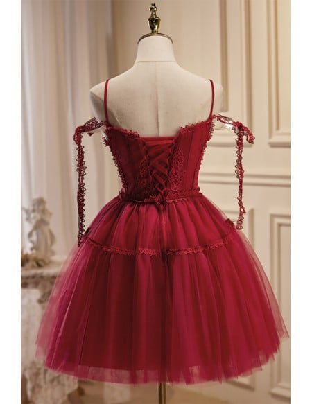 Pretty Burgundy Lace Short Tulle Homecoming Dress with Spaghetti Straps