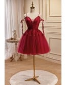 Pretty Burgundy Lace Short Tulle Homecoming Dress with Spaghetti Straps