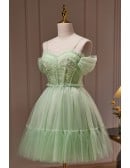 Green Tulle Lovely Homecoming Short Prom Dress with Bow Sash In Back