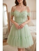 Green Tulle Lovely Homecoming Short Prom Dress with Bow Sash In Back