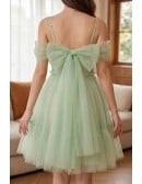 Green Tulle Lovely Homecoming Short Prom Dress with Bow Sash In Back
