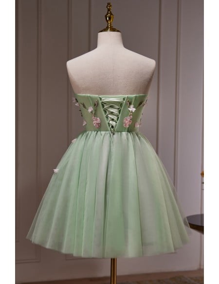 Fairytale Dusty Green Tulle Strapless Short Prom Dress with Flowers