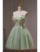 Fairytale Dusty Green Tulle Strapless Short Prom Dress with Flowers