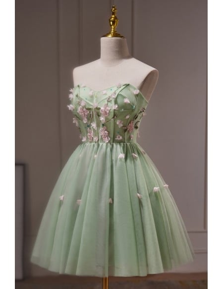Fairytale Dusty Green Tulle Strapless Short Prom Dress with Flowers