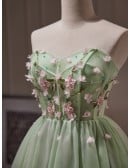Fairytale Dusty Green Tulle Strapless Short Prom Dress with Flowers