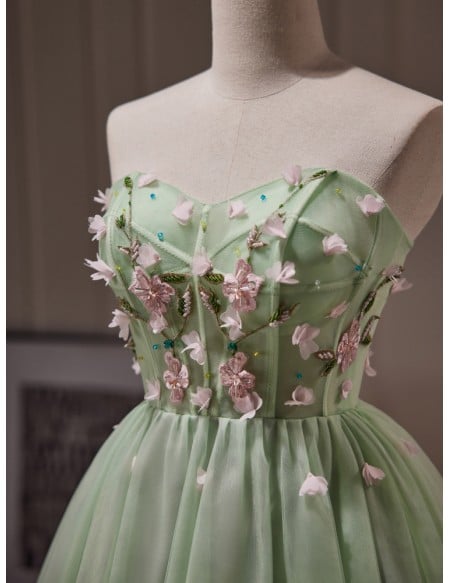 Fairytale Dusty Green Tulle Strapless Short Prom Dress with Flowers