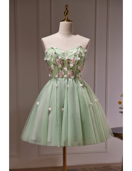 Fairytale Dusty Green Tulle Strapless Short Prom Dress with Flowers