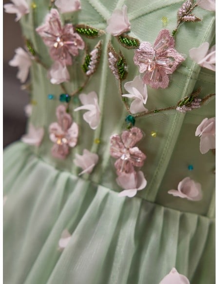 Fairytale Dusty Green Tulle Strapless Short Prom Dress with Flowers