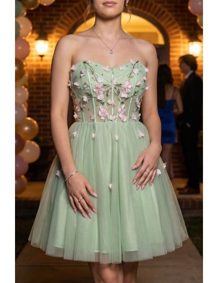 Fairytale Dusty Green Tulle Strapless Short Prom Dress with Flowers