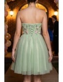 Fairytale Dusty Green Tulle Strapless Short Prom Dress with Flowers