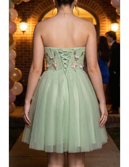 Fairytale Dusty Green Tulle Strapless Short Prom Dress with Flowers