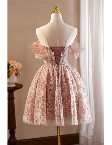Beautiful 3d Flowers Pink Short Prom Dress For Parties
