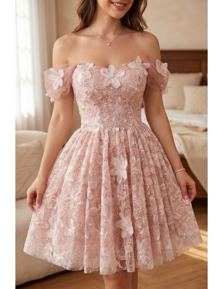 Beautiful 3d Flowers Pink Short Prom Dress For Parties
