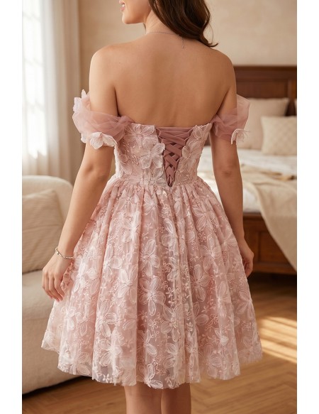 Beautiful 3d Flowers Pink Short Prom Dress For Parties