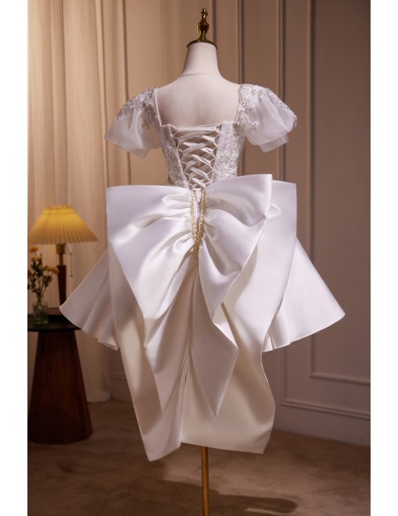 Sequined Short Satin Bridal Party Dress with Big Bow In Back