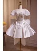 Sequined Short Satin Bridal Party Dress with Big Bow In Back