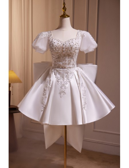 Sequined Short Satin Bridal Party Dress with Big Bow In Back
