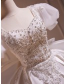 Sequined Short Satin Bridal Party Dress with Big Bow In Back