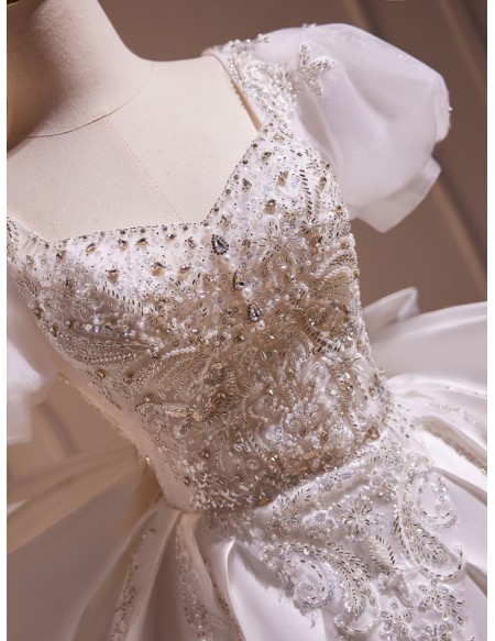 Sequined Short Satin Bridal Party Dress with Big Bow In Back