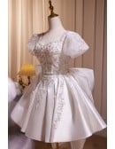 Sequined Short Satin Bridal Party Dress with Big Bow In Back