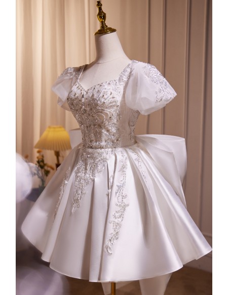 Sequined Short Satin Bridal Party Dress with Big Bow In Back