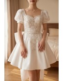 Sequined Short Satin Bridal Party Dress with Big Bow In Back