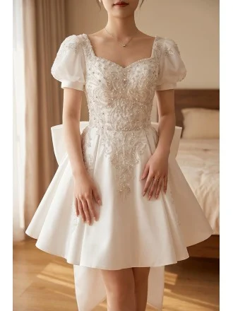 short white puffy prom dresses Cute white long sleeve taffeta short prom dress white evening dress