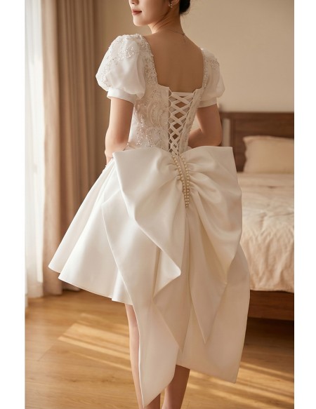 Sequined Short Satin Bridal Party Dress with Big Bow In Back