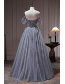Elegant Long Tulle Dusty Blue Ballgown Prom Dress with Sequins