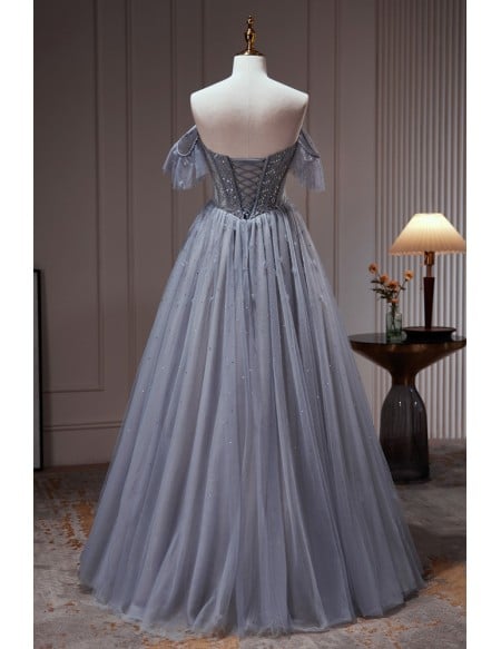Elegant Long Tulle Dusty Blue Ballgown Prom Dress with Sequins