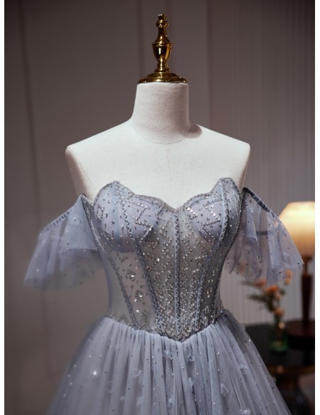 Elegant Long Tulle Dusty Blue Ballgown Prom Dress with Sequins