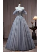 Elegant Long Tulle Dusty Blue Ballgown Prom Dress with Sequins