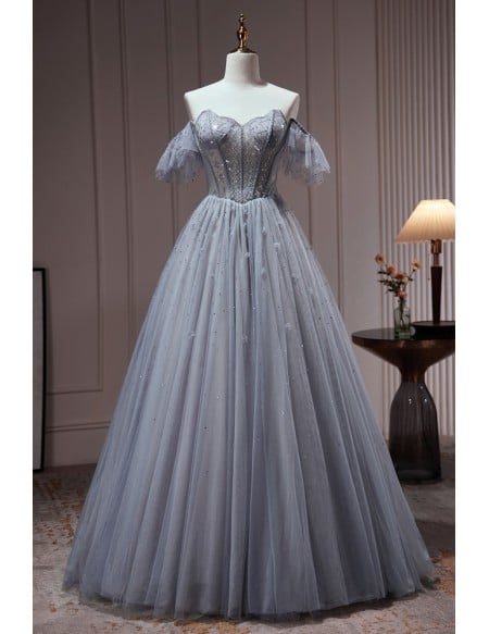 Elegant Long Tulle Dusty Blue Ballgown Prom Dress with Sequins